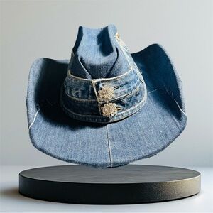 Custom Made Stylish Denim Cowboy Hat with Rhinestone Accents